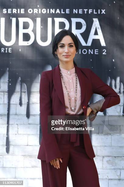 Cristina Pelliccia attends a photocall for Netflix "Suburra" The Series, season 2 at Casa del Cinema on February 20, 2019 in Rome, Italy.