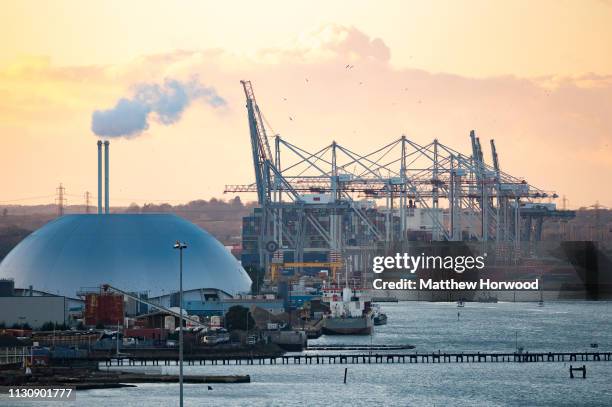 General view of the Port of Southampton at sunset on February 10, 2019 in Southampton, England. The Port of Southampton is a passenger and cargo port...