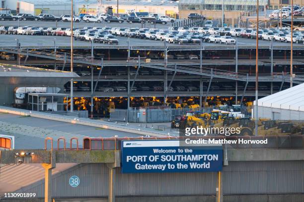 General view of the entrance to the Port of Southampton on February 10, 2019 in Southampton, England. The Port of Southampton is a passenger and...