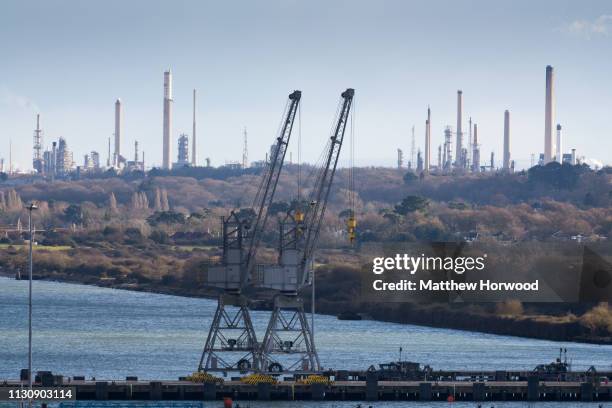 General view of the Fawley oil refinery, owned by Esso, seen from the Port of Southampton on February 10, 2019 in Southampton, England. The nearby...
