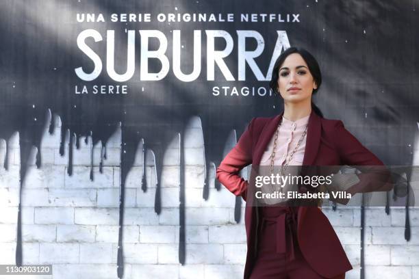 Cristina Pelliccia attends a photocall for Netflix "Suburra" The Series, season 2 at Casa del Cinema on February 20, 2019 in Rome, Italy.