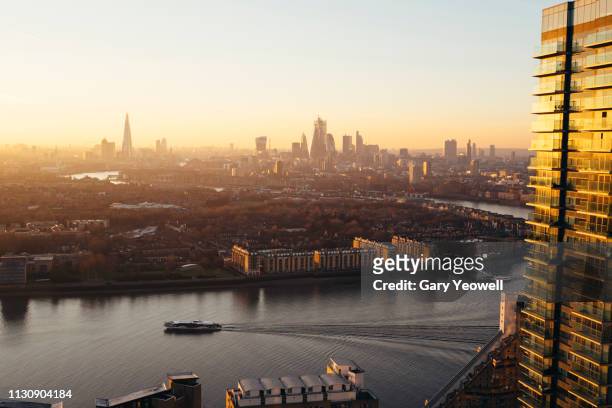 elevated view over city of london skyline and river thames - london pollution stock pictures, royalty-free photos & images