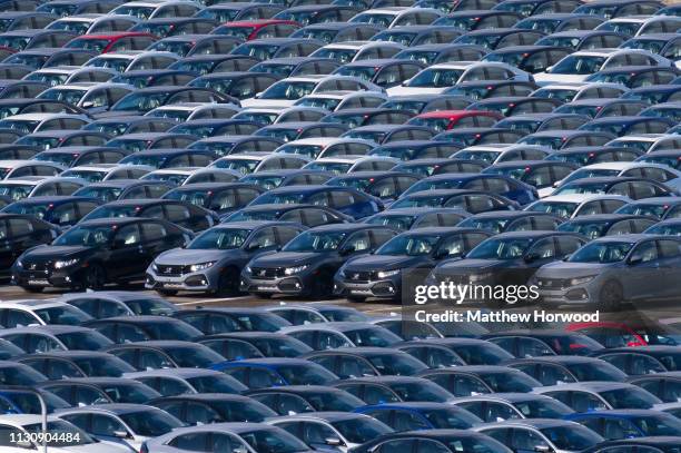 Hundreds of Honda cars built at the Swindon Honda plant ready for export at the Port of Southampton on February 10, 2019 in Southampton, England. The...