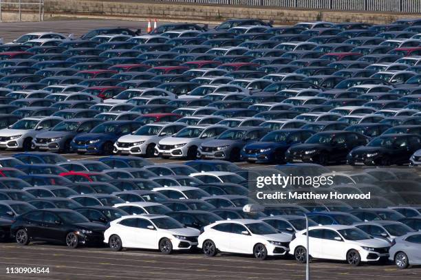 Hundreds of Honda cars built at the Swindon Honda plant ready for export at the Port of Southampton on February 10, 2019 in Southampton, England. The...