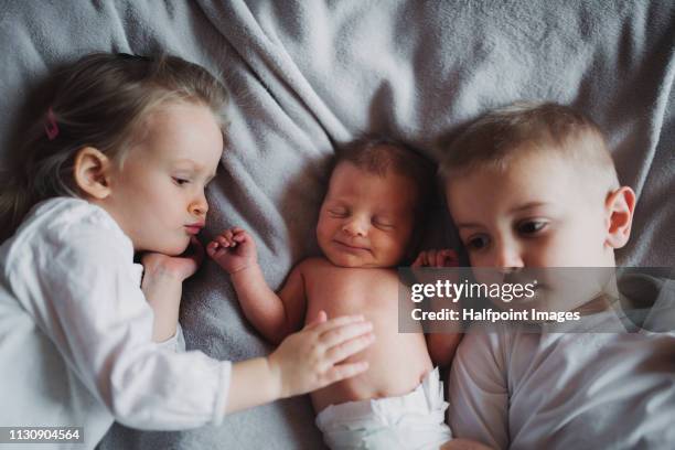 a view from directly above of two toddler children and a newborn baby brother or sister at home. - family with three children fotografías e imágenes de stock