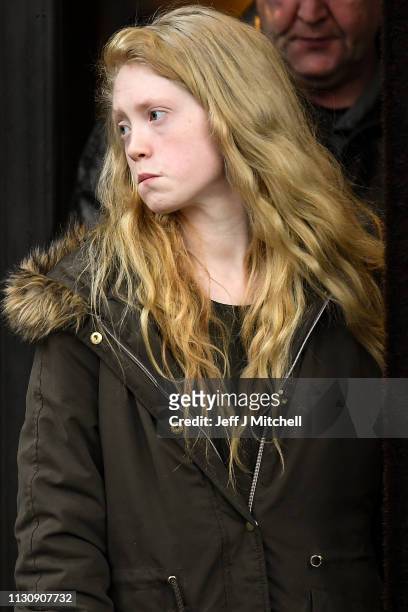 Alesha MacPhail's mother Georgina Lochrane leaves Glasgow High Court on February 20, 2019 in Glasgow, Scotland. Six year old Alesha MacPhail was...