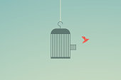 Minimalist stile. vector business finance. Flying bird and cage Freedom concept. Emotion of freedom and happiness