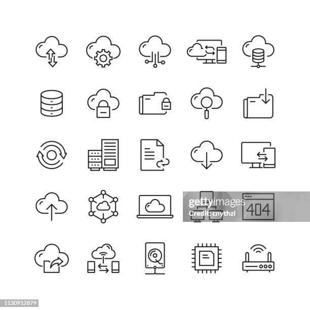 illustrations, cliparts, dessins animés et icônes de icônes de ligne vectorielle connexes d'hébergement de nuage - transfert