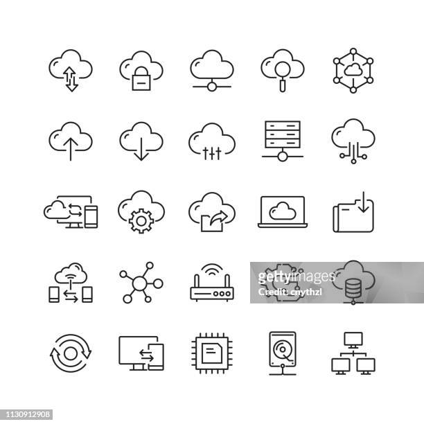 illustrations, cliparts, dessins animés et icônes de icônes de ligne vectorielle liées au cloud computing - centre de traitement de données