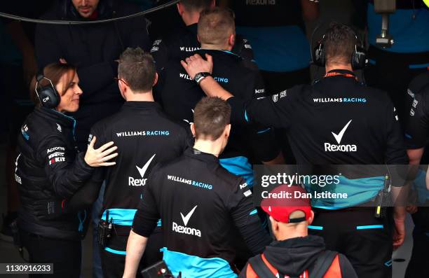 Williams Deputy Team Principal Claire Williams and the Williams team congratulate each other after running their car during day three of F1 Winter...