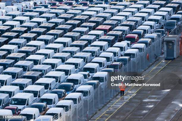 Transit vans ready for export at the Port of Southampton on February 10, 2019 in Southampton, England. The Port of Southampton is a passenger and...