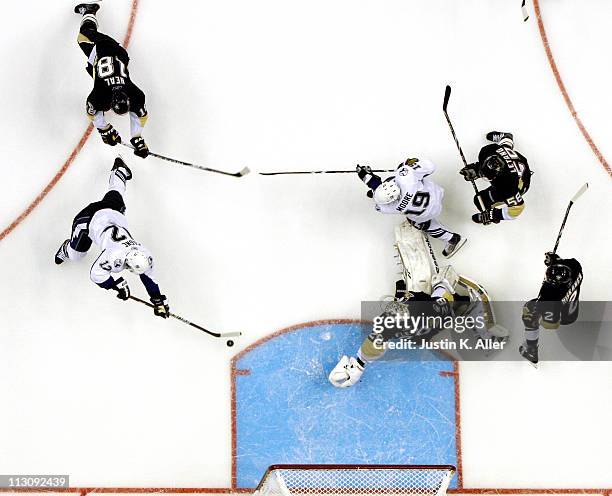 Simon Gagne of the Tampa Bay Lightning scores past Marc-Andre Fleury of the Pittsburgh Penguins in Game Five of the Eastern Conference Quarterfinals...