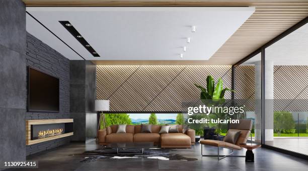 modern country style villa living room with eco fireplace - green leather stock pictures, royalty-free photos & images