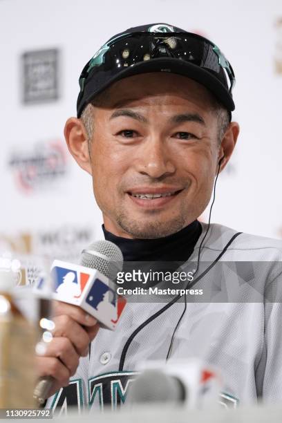 Ichiro Suzuki of the Seattle Mariners attend during the Seattle Mariners training and press conference at the Tokyo Dome on March 16, 2019 in Tokyo,...
