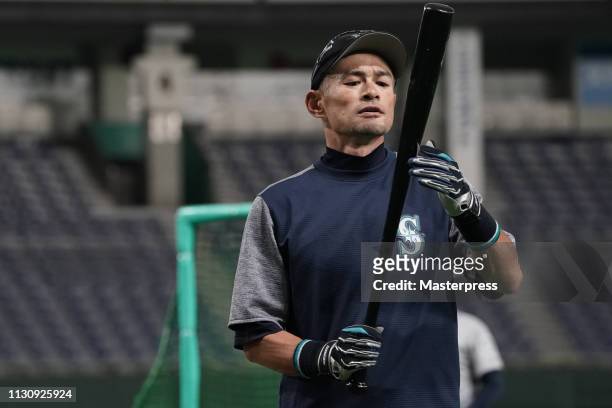 Ichiro Suzuki of the Seattle Mariners is seen during the Seattle Mariners training and press conference at the Tokyo Dome on March 16, 2019 in Tokyo,...