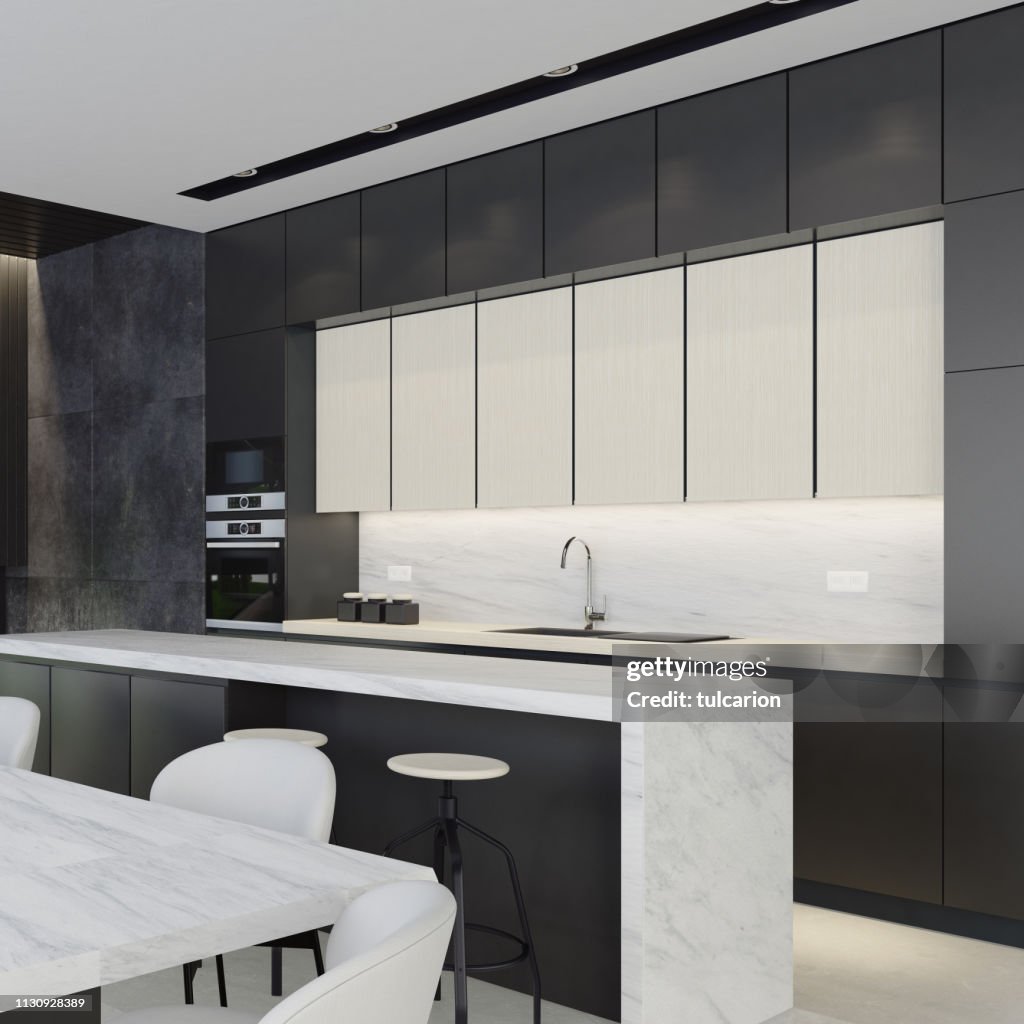 Black, white and dark gray modern kitchen