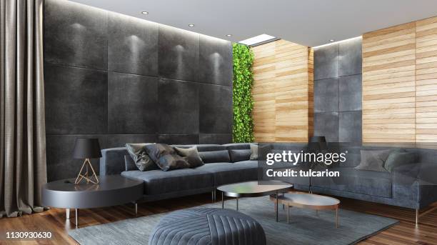 modern country style luxury house living room with plant vertical wall - green leather stock pictures, royalty-free photos & images