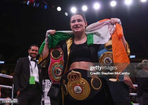 Pennsylvania , United States - 15 March 2019; Katie Taylor celebrates after defeating Rose Volante in their WBA, IBF & WBO Female Lightweight World...