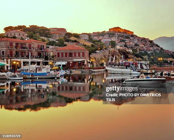 sunrise at molyvos harbor - mytilene stock pictures, royalty-free photos & images
