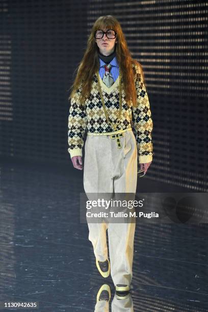 Model walks the runway at the Gucci show during Milan Fashion Week Autumn/Winter 2019/20 on February 20, 2019 in Milan, Italy.