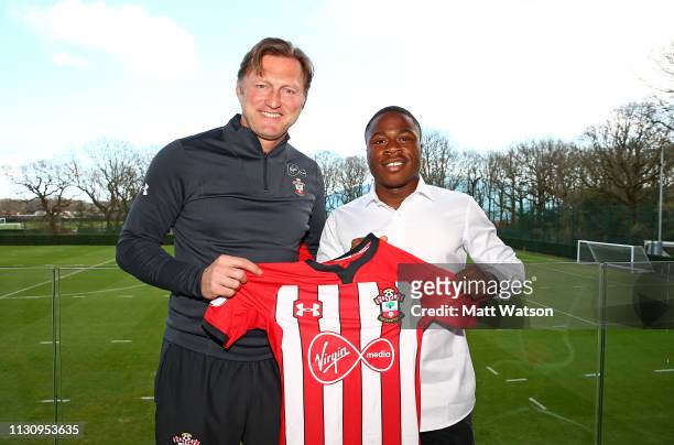 Michael Obafemi signs a new three and a half year contract with Southampton FC, pictured with manager Ralph Hasenhuttl at the Staplewood Campus, on...