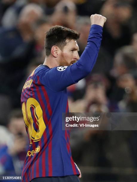 Lionel Messi of FC Barcelona during the UEFA Champions League round of 16 match between FC Barcelona and Olympique Lyonnais at Camp Nou on March 13,...
