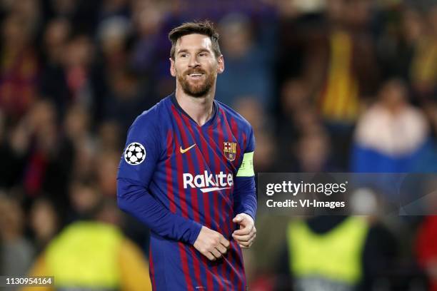 Lionel Messi of FC Barcelona during the UEFA Champions League round of 16 match between FC Barcelona and Olympique Lyonnais at Camp Nou on March 13,...