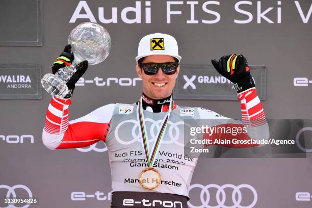 Marcel Hirscher of Austria takes 1st place in the overall standings during the Audi FIS Alpine Ski World Cup Men's Giant Slalom on March 16, 2019 in...