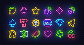 Game icons for casino isolated. Icon from slot machine. Slot neon sign. Casino, Slot machine, Gambling. Bright signboard, light banner. Neon isolated icon, emblem. Vector illustration