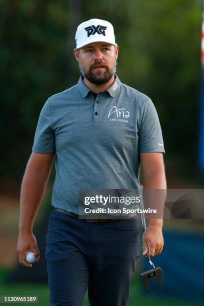 Ryan Moore of the United States looks on from the ninth hole during the first round of THE PLAYERS Championship on March 14, 2019 on the Stadium...