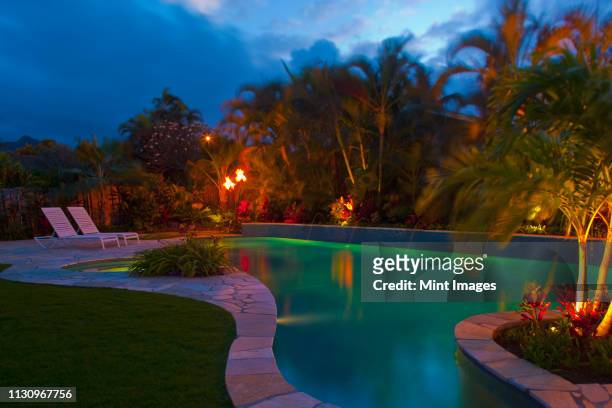 tropical backyard pool at night - swimming pool night stock pictures, royalty-free photos & images