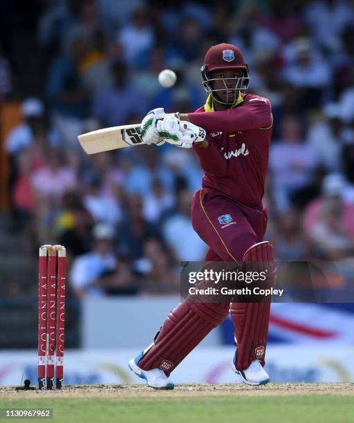 Shimron Hetmyer of the West Indies bats during the 1st One Day International match between the West Indies and England at Kensington Oval on February...