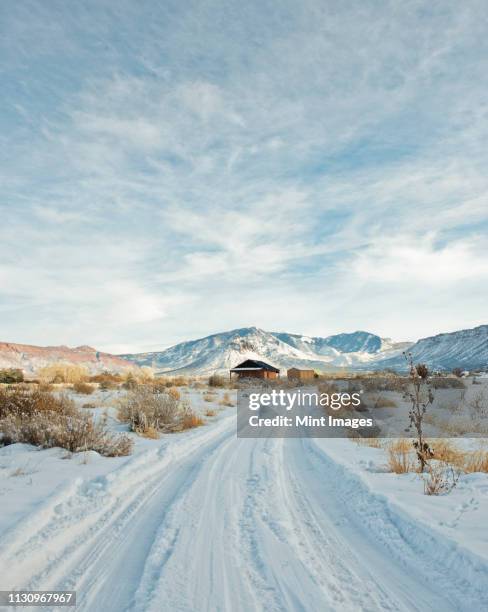 snowy trail leading to a remote house - moab foto e immagini stock