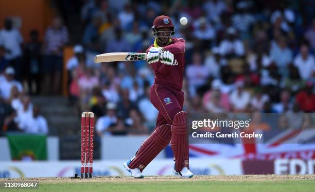 Shimron Hetmyer of the West Indies bats during the 1st One Day International match between the West Indies and England at Kensington Oval on February...