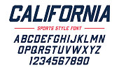 Classic college font. Vintage sport sans serif, beveled font in american style for football, soccer, baseball and basketball. Alphabet and numbers in varsity style