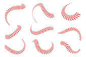 Baseball laces set. Baseball stitches with red threads. Sports graphic elements and seamless brushes. Red laces and stitches
