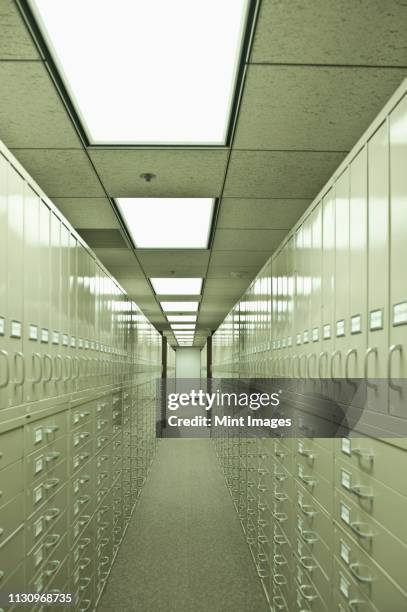 rows of filing cabinets in a large room - luce fluorescente foto e immagini stock