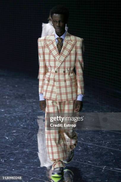 Model walks the runway at the Gucci show at Milan Fashion Week Autumn/Winter 2019/20 on February 20, 2019 in Milan, Italy.