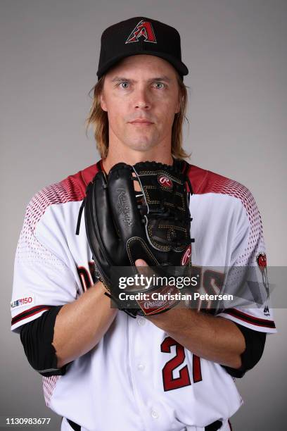Pitcher Zack Greinke of the Arizona Diamondbacks poses for a portrait during photo day at Salt River Fields at Talking Stick on February 20, 2019 in...