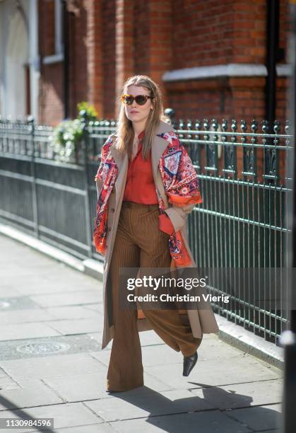 Annabel Rosendahl is seen wearing brown pants, trench coat outside Shrimps during London Fashion Week February 2019 on February 19, 2019 in London,...