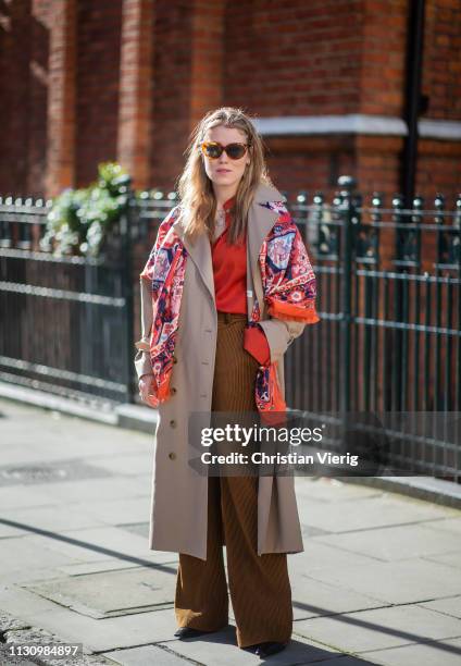 Annabel Rosendahl is seen wearing brown pants, trench coat outside Shrimps during London Fashion Week February 2019 on February 19, 2019 in London,...