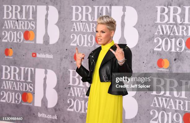 Pink, winner of the Outstanding Contribution to Music Award, attends The BRIT Awards 2019 held at The O2 Arena on February 20, 2019 in London,...