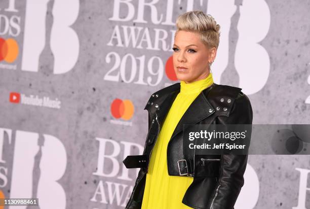 Pink, winner of the Outstanding Contribution to Music Award, attends The BRIT Awards 2019 held at The O2 Arena on February 20, 2019 in London,...