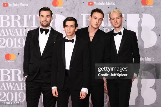 Members of 'The 1975', Matthew Healy, Ross MacDonald, George Daniel and Adam Hann attends The BRIT Awards 2019 held at The O2 Arena on February 20,...