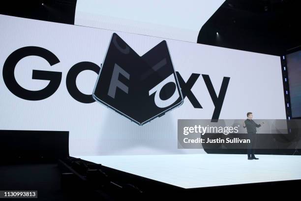 Samsung senior vice president of product marketing Justin Denison announces the new Samsung Galaxy Fold smartphone during the Samsung Unpacked event...