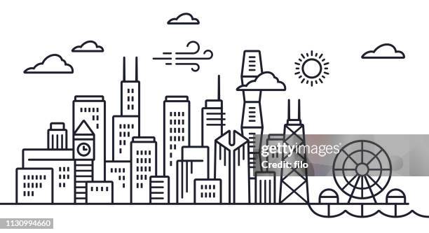 stockillustraties, clipart, cartoons en iconen met chicago skyline lijntekening - reuzenrad