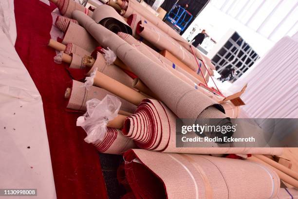 Rolls of carpet are placed in arrivals area in preparation for the 91st Annual Academy Awards at Dolby Theatre on February 20, 2019 in Hollywood,...