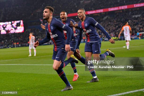 Layvin Kurzawa of Paris Saint-Germain reacts after scoring during the Ligue 1 match between Paris Saint-Germain and Montpellier HSC at Parc des...