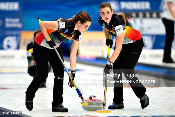 German players compete in the first round match Germany vs. Latvia at the LGT World Women's Curling Championship in Silkeborg, Denmark, on March 16,...