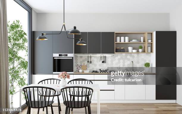 moderna cucina scandinava e sala da pranzo - mobilio foto e immagini stock